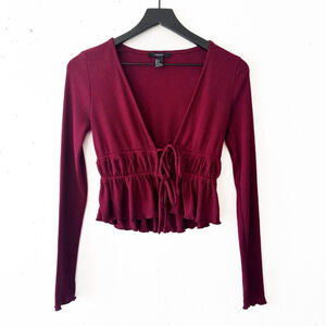 Forever 21 Burgundy Ribbed Peplum Tie Front Long Sleeve Top Size Small
